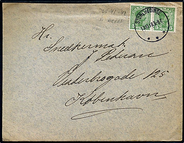 5 øre Chr. X pos. 41-42 i A-arket med cigarette i venstre mærke på brev fra Store Hedinge d. 13.10.1918 til København.