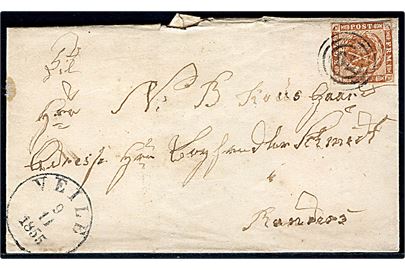 4 sk. 1854 udg. på brev annulleret med nr.stempel 76 og sidestemplet antiqua Veile d. 9.11.1855 til Randers.
