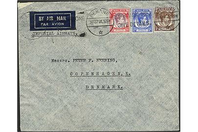 Straits Settlements. 5 c., 12 c. og 25 c. George VI på luftpostbrev fra Penang d. 30.9.1938 til København, Danmark. Påskrevet: Imperial Airways.