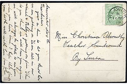 Shetland. ½d Edward VII på brevkort annulleret Reawick d. 11.11.1910 til Sandsound via Tresta. 