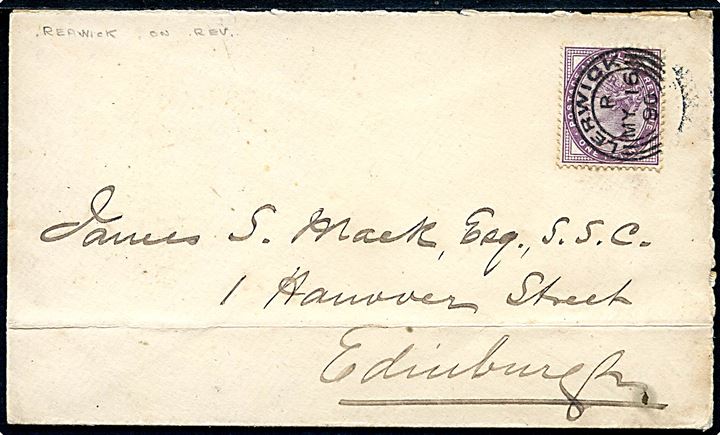 Shetland. 1d Victoria på brev stemplet Lerwick d. 16.5.1890 via Reawick 16.5.1890 til Edinburgh, Scotland. Ank.stemplet d. 19.5.1890.
