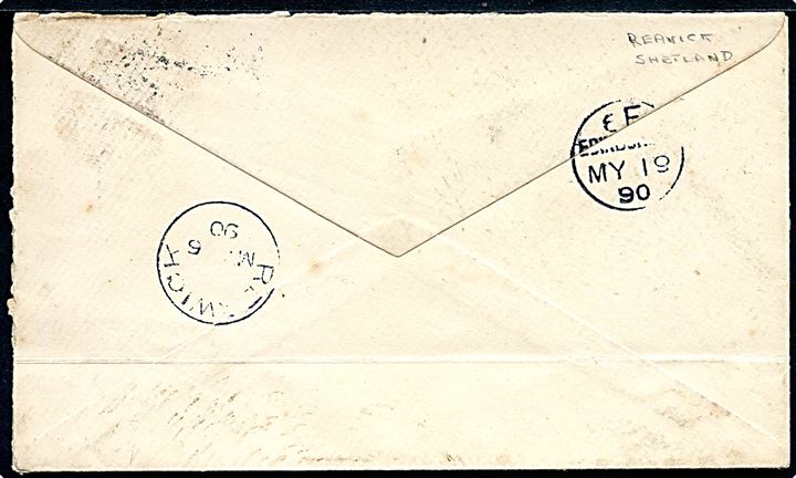 Shetland. 1d Victoria på brev stemplet Lerwick d. 16.5.1890 via Reawick 16.5.1890 til Edinburgh, Scotland. Ank.stemplet d. 19.5.1890.