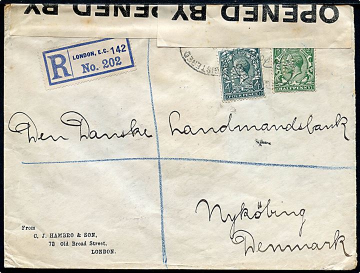 2d og 4d George V med perfin H på anbefalet brev fra C. J. Hambro & Sons i London d. 31.10.1915 til Nykøbing, Danmark. Åbnet af britisk censur no. 417.