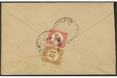 Straits Settlements. Ufrankeret brev fra Nachiyapuram til Penang. Uftakseret i porto med portostempel T 50 c og på bagsiden påsat 8 c og 10 c portomærker stemplet Penang d. 10.3.1933.
