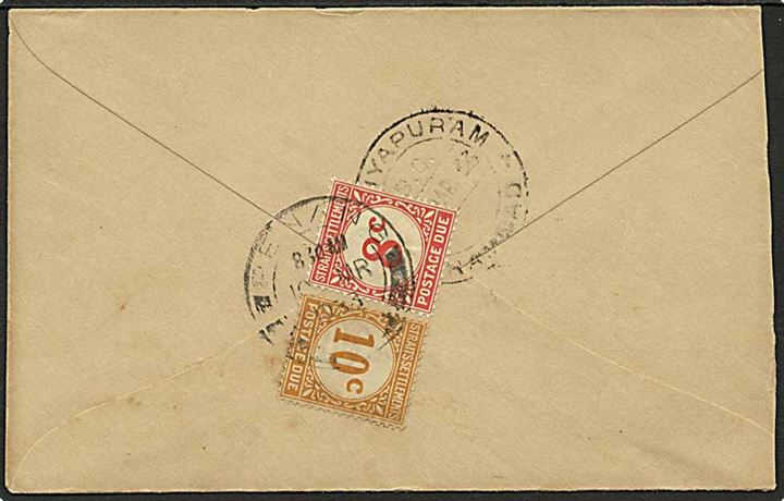 Straits Settlements. Ufrankeret brev fra Nachiyapuram til Penang. Uftakseret i porto med portostempel T 50 c og på bagsiden påsat 8 c og 10 c portomærker stemplet Penang d. 10.3.1933.