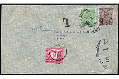 Indisk ½ A. og 1 A. George V på underfrankeret brev annulleret med svagt stempel d. 9.9.1925 til Cambridge, England. Portostempel 1d / I.S.B. og påsat 1d Portomærke stemplet i Cambridge d. 5.10.1925.