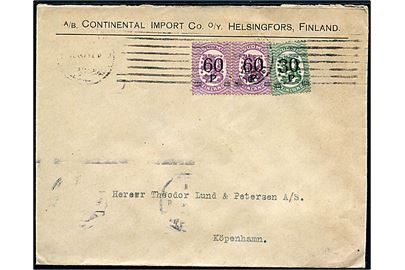 30/10 pen. og 60/40 pen. (par) Provisorium på brev fra Helsingfors d. x.9.1921 til København, Danmark.