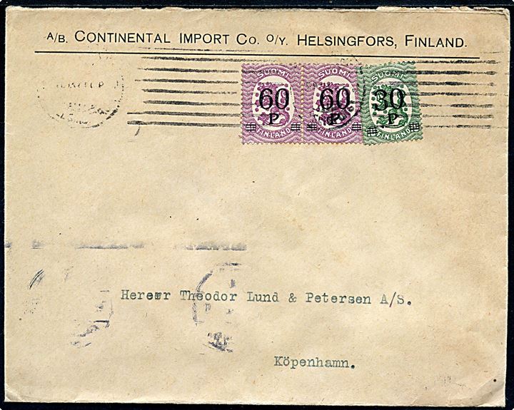 30/10 pen. og 60/40 pen. (par) Provisorium på brev fra Helsingfors d. x.9.1921 til København, Danmark.