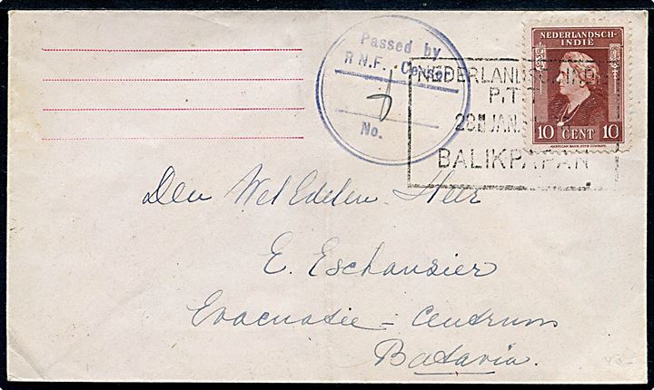 10 c. på brev fra militærperson annulleret med rammestempel i Balikpapan d. 28.1.1946 til Batavia. Violet censurstempel: Passed by R.N.F. Censor / No. 