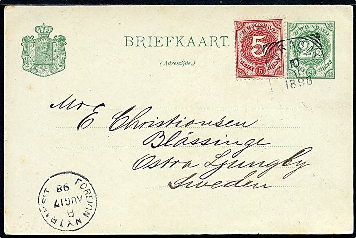 2½ c. helsagsbrevkort opfrankeret med 5 c. Ciffer annulleret Curacao d. 10.8.1898 via New York til Östra Ljungby, Sverige.