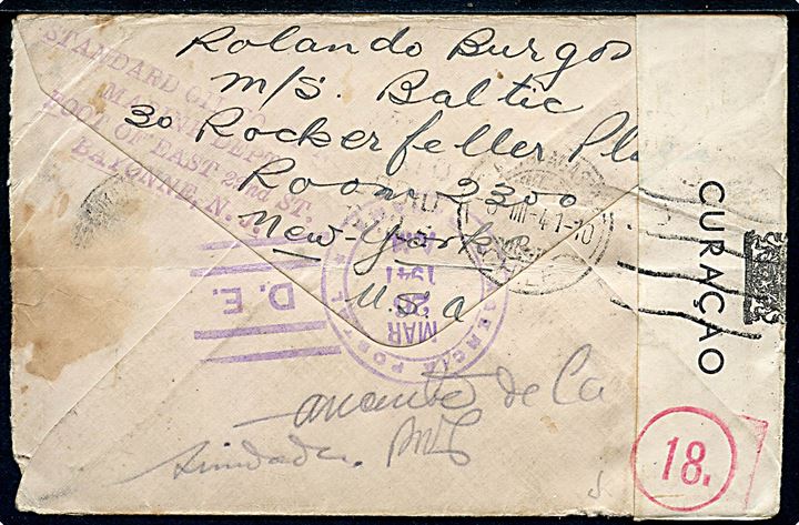 15 c. Wilhelmina på brev fra sømand ombord på tankskib M/S Baltic i Sint Nicolaas, Aruba d. 13.3.1941 til Antofagasta, Chile. Eftersendt flere gange med forskellige rederistempler. Åbnet af hollandsk censur på Curacao.