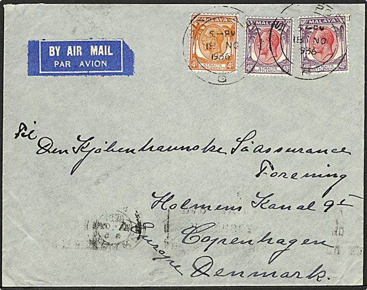 Straits Settlements. 4 c. og 40 c. (2) George V på luftpostbrev fra Singapore d. 18.11.1936 til København, Danmark.
