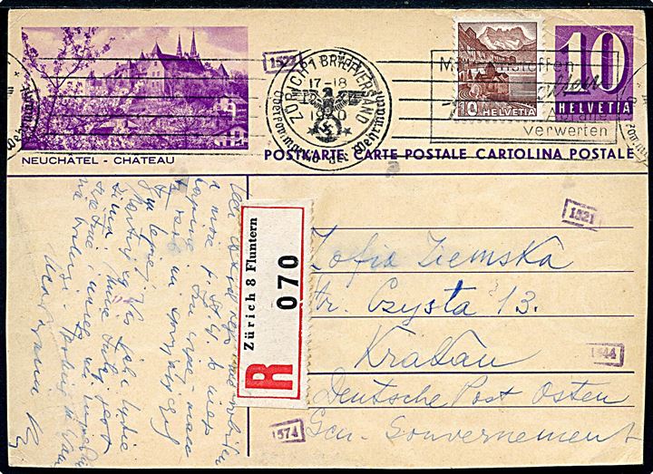 10 c. illustreret helsagsbrevkort opfrankeret med 10 c. sendt anbefalet fra Zürich d. 12.12.1940 til Krakau, Deutsche Post Osten - Gen. Guvernement. Tysk censur. 