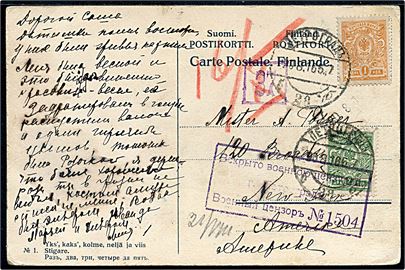 1 kop. og 2 kop. Våben på brevkort (Finske folkedragter) fra Petrograd d. 20,8,1916 til New York, USA. Russisk censur fra Petrograd.
