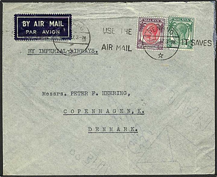 Straits Settlements. 2 c. og 40 c. George V på luftpostbrev fra Penang d. 6.11.1937 via København-Warnemünde til København, Danmark.