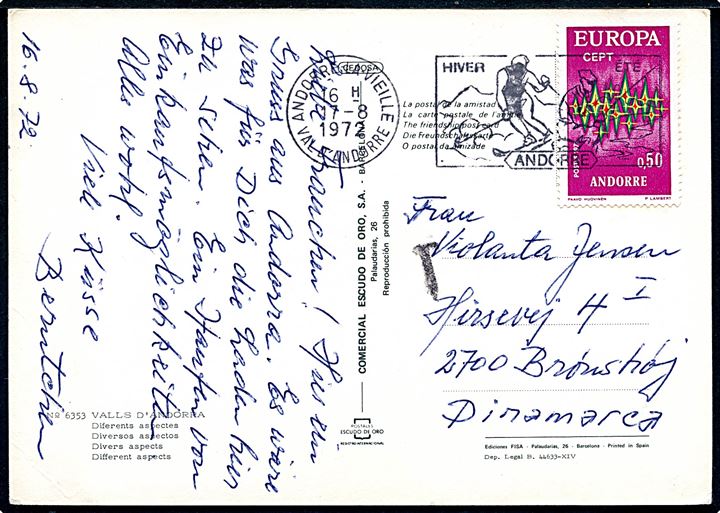 0,50 fr. Europa udg. på brevkort fra Andorre d. 17.8.1972 til Brønshøj, Danmark. 