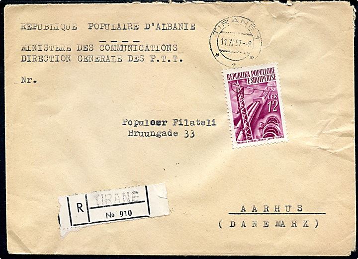12 lek. single på anbefalet brev fra Tirane d. 11.11.1957 til Aarhus, Danmark.