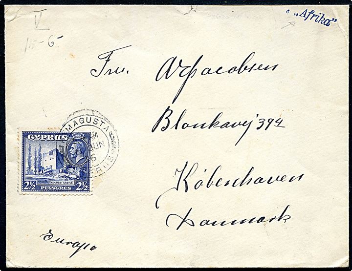 2½ Pia. George V på brev fra Famagusta d. 6.6.1936 til København, Danmark. Sendt fra sømand ombord på S/S Afrika.