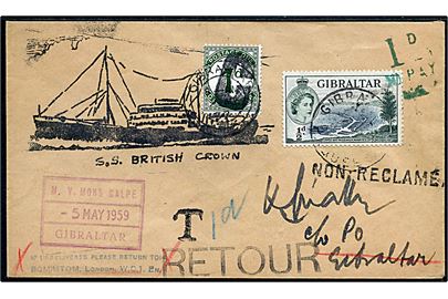 ½d Elizabeth single på underfrankeret illustreret tryksag annulleret Gibraltar Paquebot 1959 fra skibet M.V. Mons Calpe d. 5.5.1959 til poste restante i Gibraltar. Udtakseret i porto med 1d portomærke stemplet Gibraltar d. 9.5.1959. 