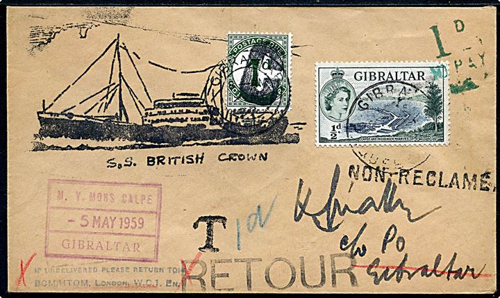 ½d Elizabeth single på underfrankeret illustreret tryksag annulleret Gibraltar Paquebot 1959 fra skibet M.V. Mons Calpe d. 5.5.1959 til poste restante i Gibraltar. Udtakseret i porto med 1d portomærke stemplet Gibraltar d. 9.5.1959. 