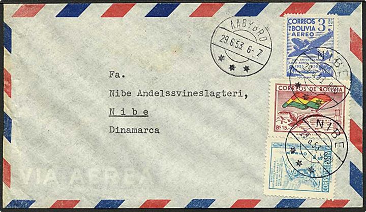 23 Bs. blandingsfrankeret luftpostbrev fra La Paz annulleret med dansk brotype IId stempel Nibe d. 29.6.1953. Transit stempel Aabybro.