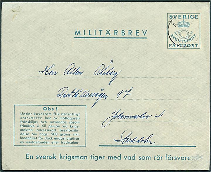 Militärbrev Norrköping udg. IV m. omvendt Svarmärke annulleret med svagt stempel til Stockholm. Sendt fra soldat ved Fältpost no. 4808. Ikke prisansat i Facit.