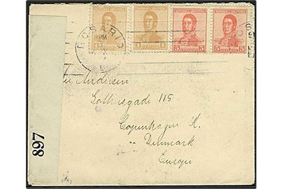 1 c. (2) og 5 c. (2) på brev fra Rosario d. 3.5.1917 til København, Danmark. Fra Sømand ombord på barken Ingrid. Åbnet af britisk censur.