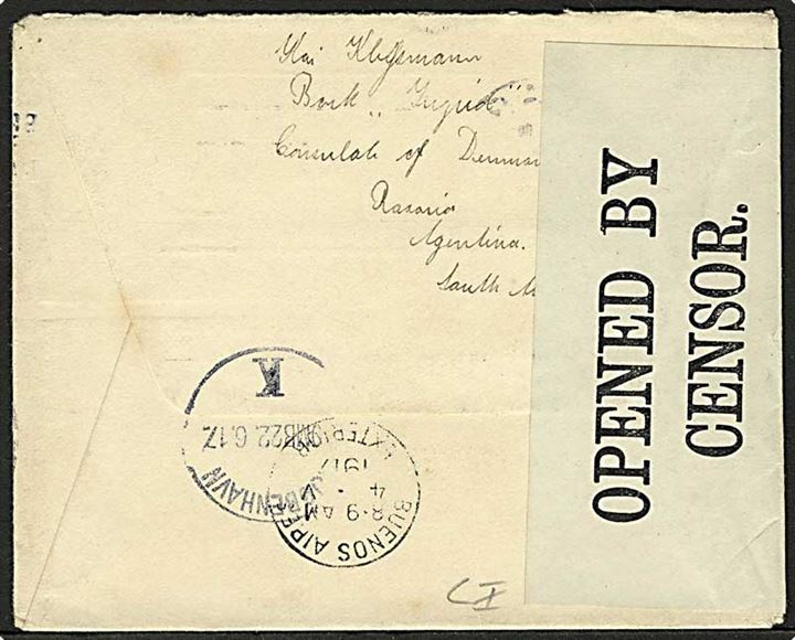 1 c. (2) og 5 c. (2) på brev fra Rosario d. 3.5.1917 til København, Danmark. Fra Sømand ombord på barken Ingrid. Åbnet af britisk censur.