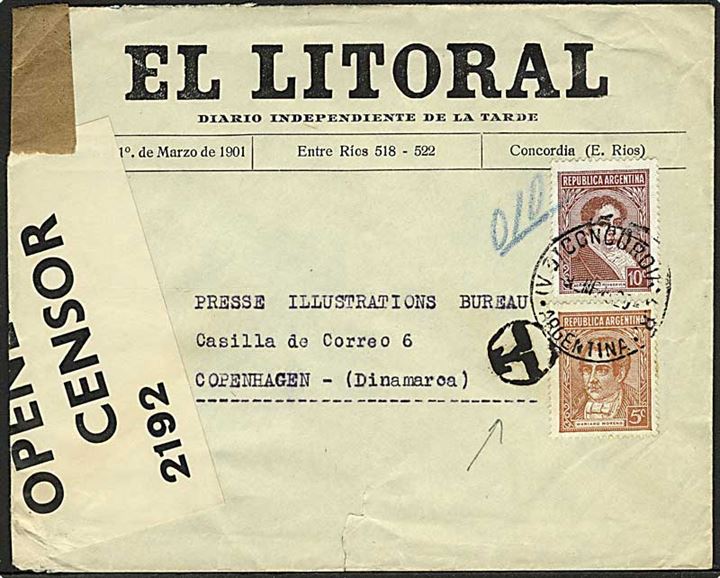 3 c. og 10 c. på underfrankeret brev fra Concordia d. 9.1.1940 til København, Danmark. Sort T stempel. Åbnet af tidlig britisk censur PC66/2192. 