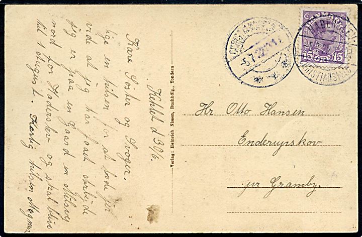 15 øre Chr. X på brevkort dateret i Kehlet annulleret med bureaustempel Haderslev - Christiansfeld T.01 d. 5.7.1922 via Christiansfeld til Gramby. 