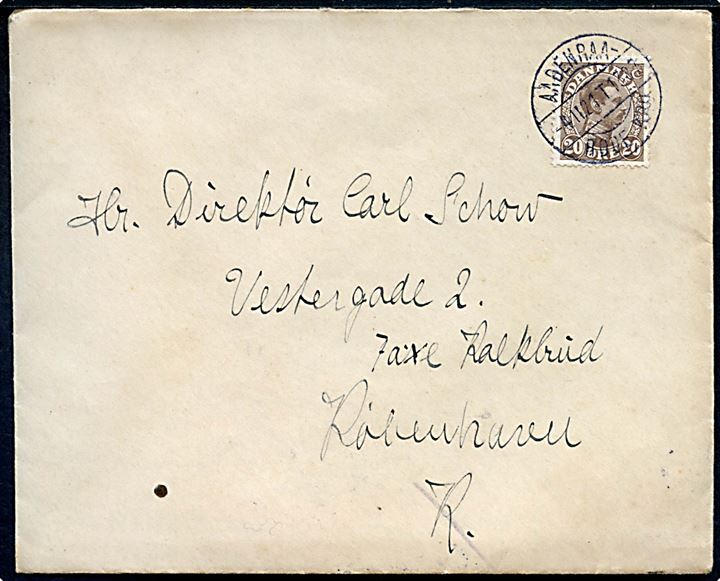 20 øre Chr. X på brev annulleret med bureaustempel Aabenraa - Røde Kro T.1387 d. 4.11.1921 til København.