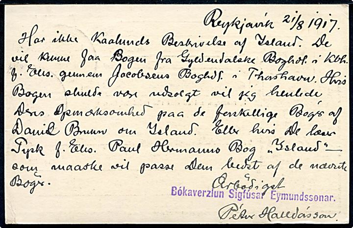 5 aur To Konger helsagsbrevkort fra Reykjavik d. 22.8.1917 til Thorshavn, Færøerne. Interessant destination.