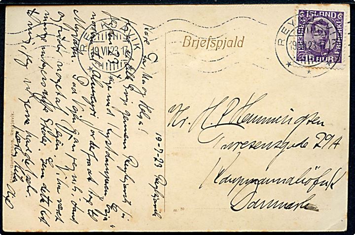 15 aur Chr. X på brevkort (Landkort over Thingvallavatn) fra Reykjavik d. 19.7.1923 til København, Danmark.