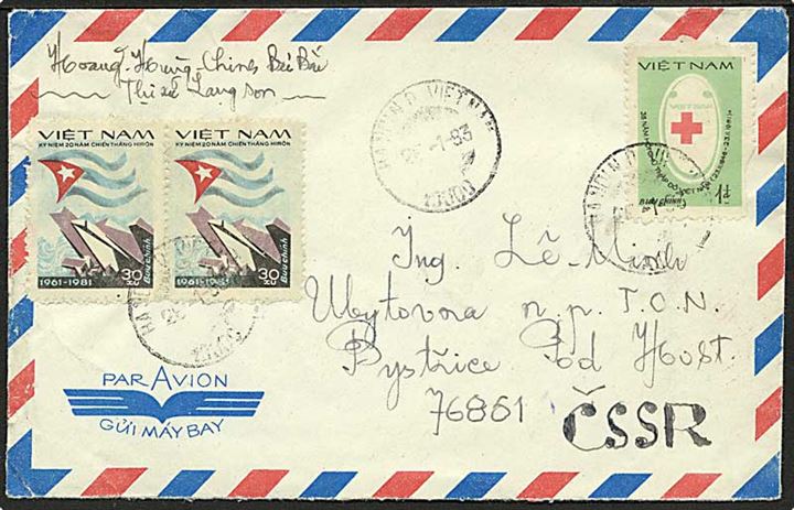 Vietnam. 1,60 d. frankeret luftpostbrev fra Hanoi d. 25.1.1983 til Bystrice, Tjekkoslovakiet.