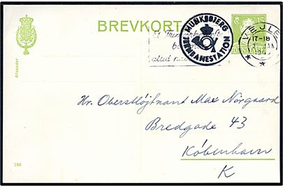 15 øre Chr. X helsagsbrevkort (fabr. 166) annulleret Vejle d. 1.3.1949 og sidestemplet med posthornstempel MUNKEBJERG JERNBANESTATION til København.