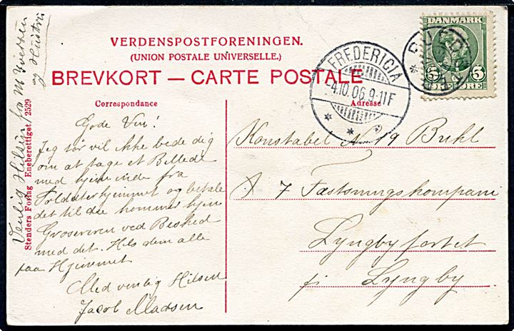 5 øre Chr. IX på brevkort (Traktørsted Hannerup Skov) annulleret med stjernestempel PJEDSTED og sidestemplet Fredericia d. 4.10.1906 til Lyngbyfortet pr. Lyngby.