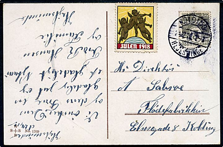3 øre Bølgelinie og Julemærke 1918 på lokalt julekort fra Hejlsminde annulleret med bureaustempel Kolding Hejlsminde T.3 d. 23.12.1918 til Kolding.