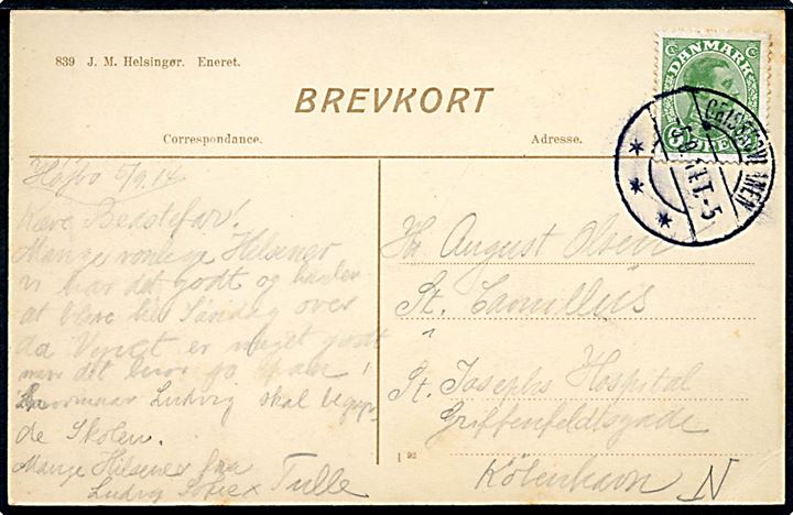 5 øre Chr. X på brevkort (Mølledammen Esrom) dateret Højbo og annulleret med bureaustempel Gribskovbanen T.5 d. 5.9.1915 til København.