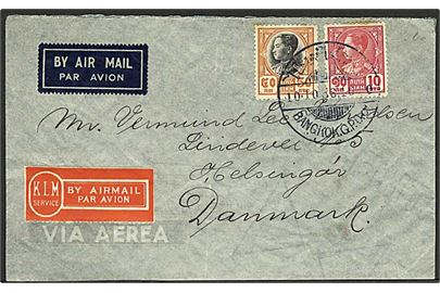 10 stc og 50 stc på luftpostbrev fra Bangkok d. 10.10.1938 til Helsingør, Danmark. Rød KLM luftpostetiket.
