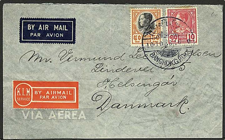10 stc og 50 stc på luftpostbrev fra Bangkok d. 10.10.1938 til Helsingør, Danmark. Rød KLM luftpostetiket.