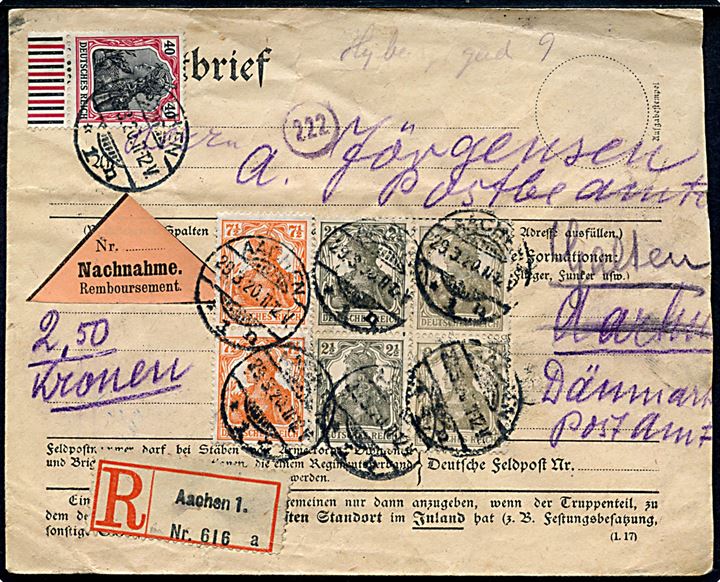 2½ pfg. (4), 7½ pfg. (2) og 40 pfg. Germania på feltpostkuvert sendt som anbefalet brev med postopkrævning fra Aachen d. 29.3.1920 til Aarhus, Danmark - eftersendt til Galten.