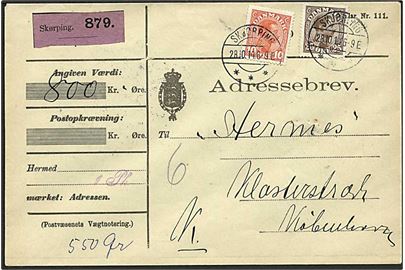 10 øre og 25 øre Chr. X på adressebrev for værdipakke fra Skjørping d. 28.10.1914 til København.