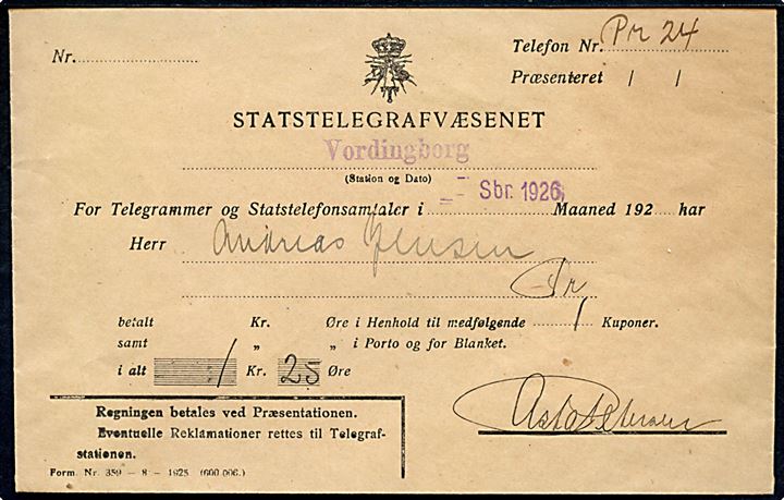 Statstelegrafvæsenet formular Nr. 359-8-1925 (600.006) regningskuvert fra Vordingborg med indlagt kupon for telefonsamtale mellem Vordingborg og Rønde.
