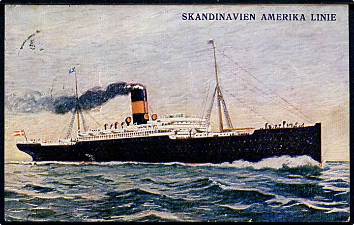 15 øre Ibsen på brevkort (Skandinavien Amerika Linie dampskib) annulleret Oslo d. 11.5.1928 og sidestemplet Posthorn / Fra skib til Millinge, Danmark.