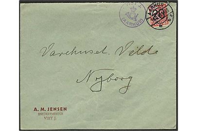 20/15 øre Provisorium på brev stemplet Aarhus d. 18.9.1940 og sidestemplet med posthornstempel VIBY J. (AARHUS) til Nyborg.