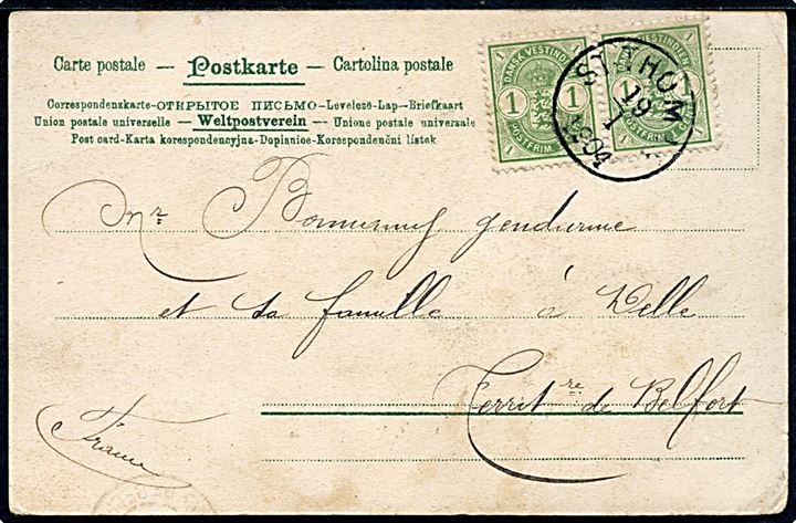 1 cent Våben i parstykke på brevkort (Havneparti fra St. Thomas) sendt som tryksag fra St. Thomas d. 19.1.1904 til Delle, Terr. de Belfort, Frankrig.