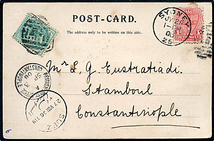 New South Wales 1d Våben og 2d Victoria på brevkort fra Sydney d. 28.7.1906 via Suez til Constantinople, Tyrkiet. Ank.stemplet British Post Office Constantinople d. 3.9.1906.