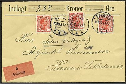 10 øre Chr. X (3) på 30 øre frankeret lokalt værdibrev i Aalborg d. 30.10.1919.