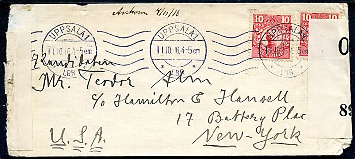 10 öre Gustaf (2) på brev fra Uppsala d. 11.10.1916 til New York, USA. Åbnet af britisk censur no. 897 og jf. notat modtaget d. 4.11.1916,