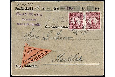 12 öre Gustaf i parstykke på lille brev med postopkrævning fra Saltsjö-Duvnäs d. 26.4.1919 til Karlstad. Revet på forsiden.